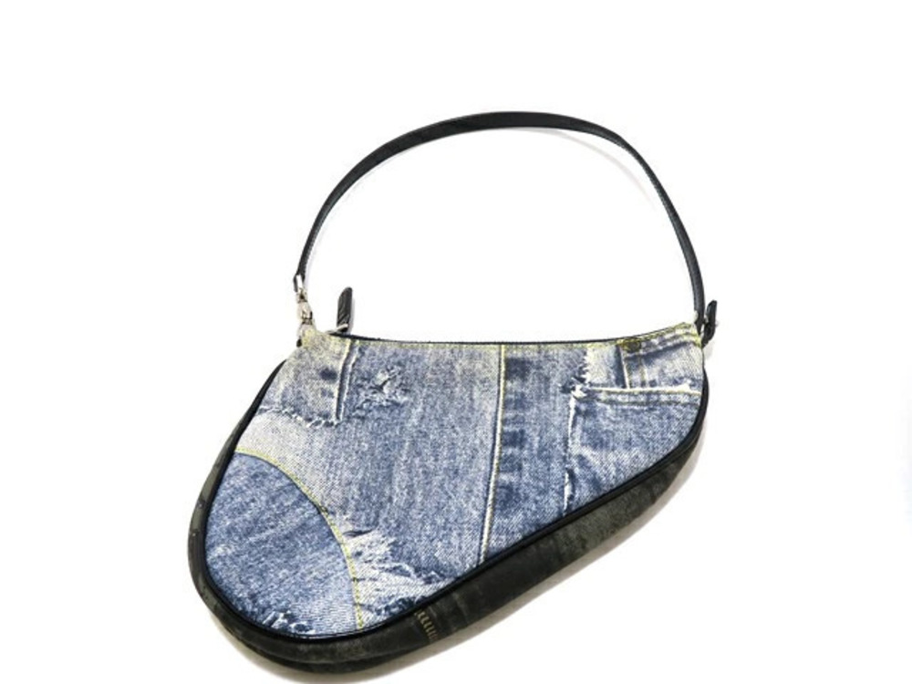 Christian Dior Saddle Pouch Clutch Denim Canvas Calfskin Handbag